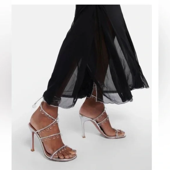 New Amina Muaddi Silver Tina Laceup 105 Stiletto Heels with Crystal Straps - Picture 5 of 10